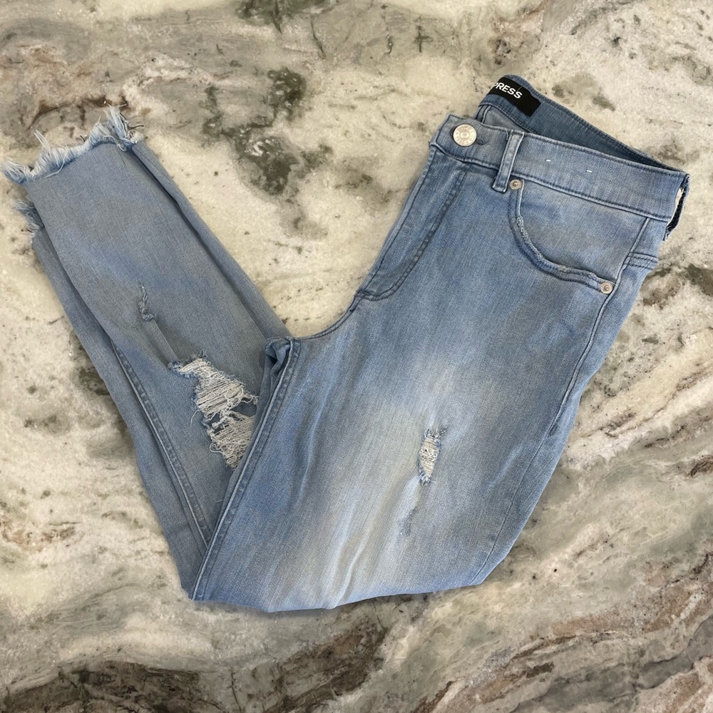EXPRESS HIGH WAISTED DESTROYED DENIM PERFECT STRETCH+ JEAN ANKLE LEGGINGS 6S